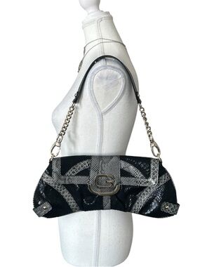 Y2K “GUESS” Black and Grey Snakeskin Print Shoulder Bag with Silver Hardware